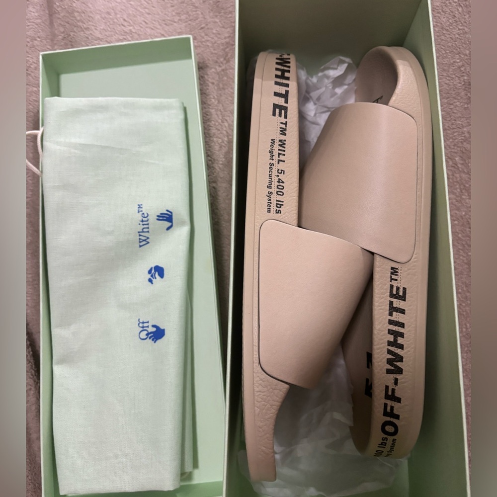 Off White Slides cream color size 10.5 new with box and dust bag